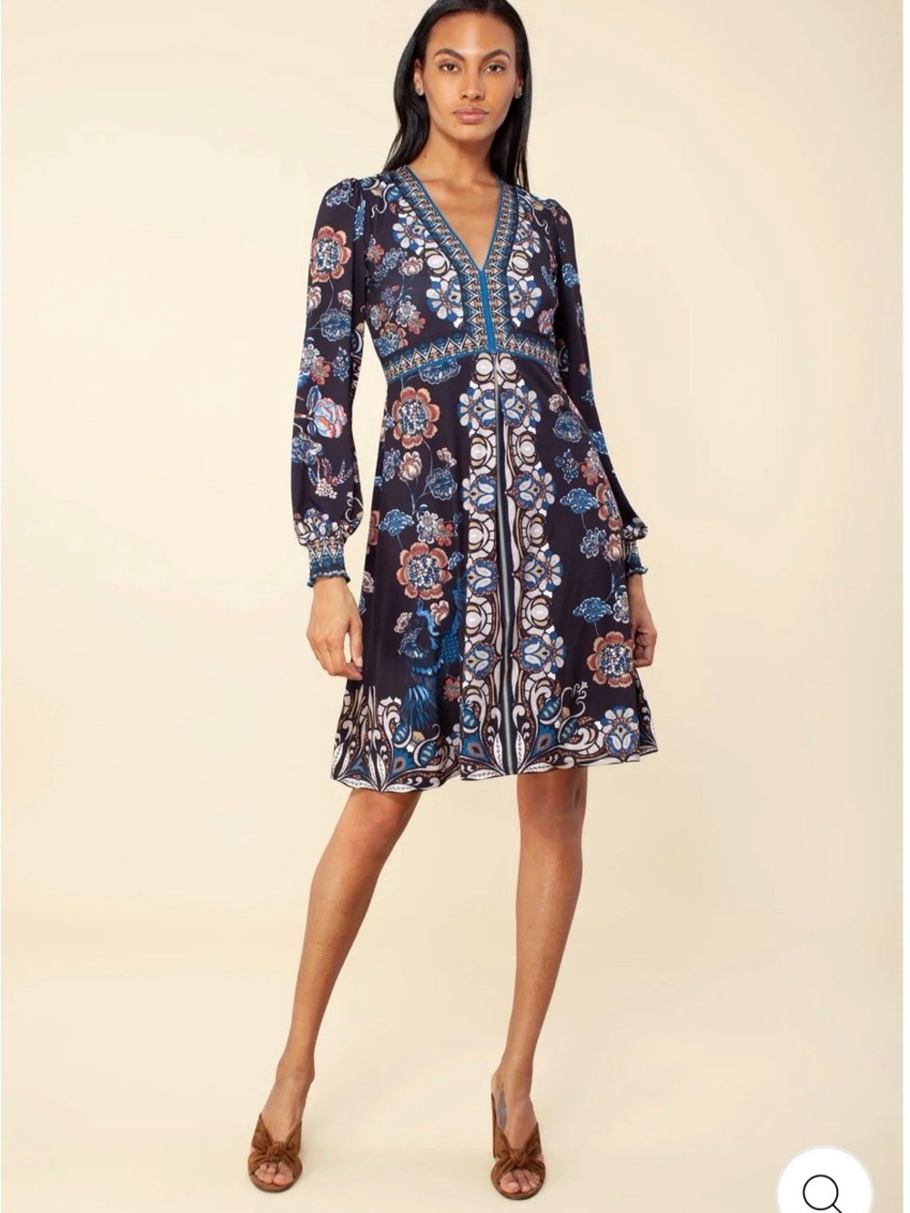 NWOT Hale Bob Printed V-Neck Long-Sleeve A-Line Dress Medium